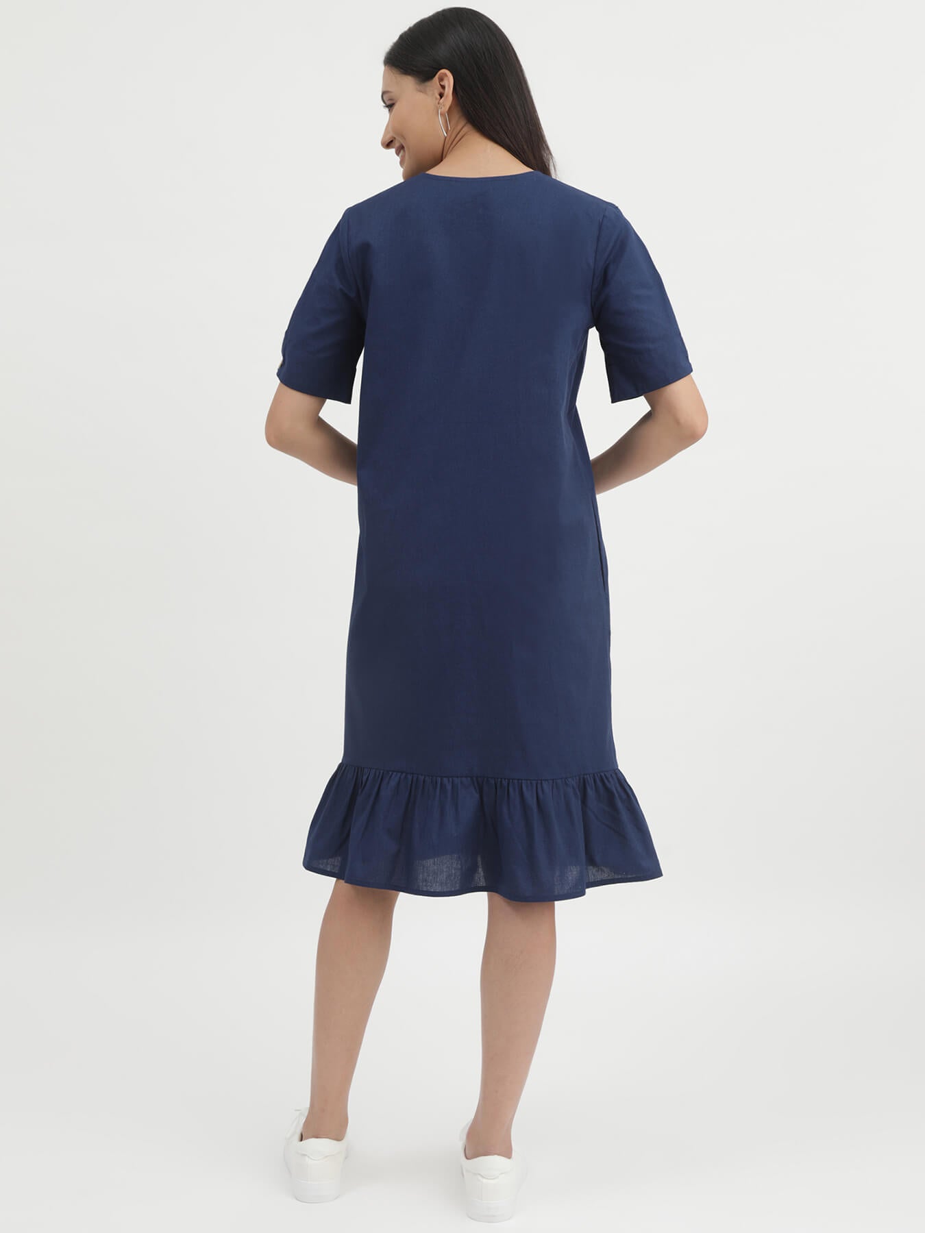 Linen Ruffle Detail Dress - Navy Blue