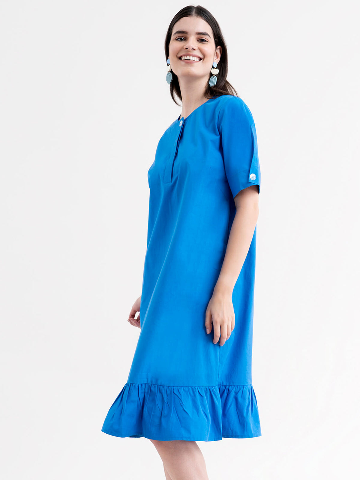Cotton Ruffled Dress - Royal Blue