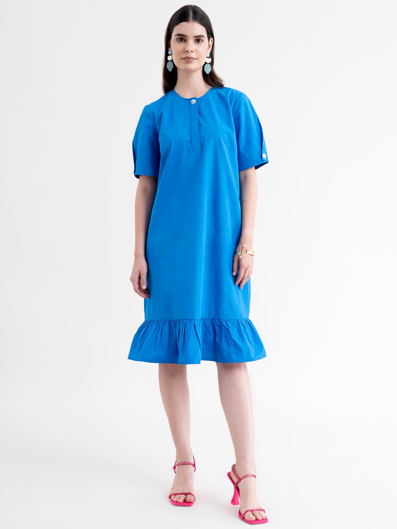 Cotton Ruffled Dress - Royal Blue