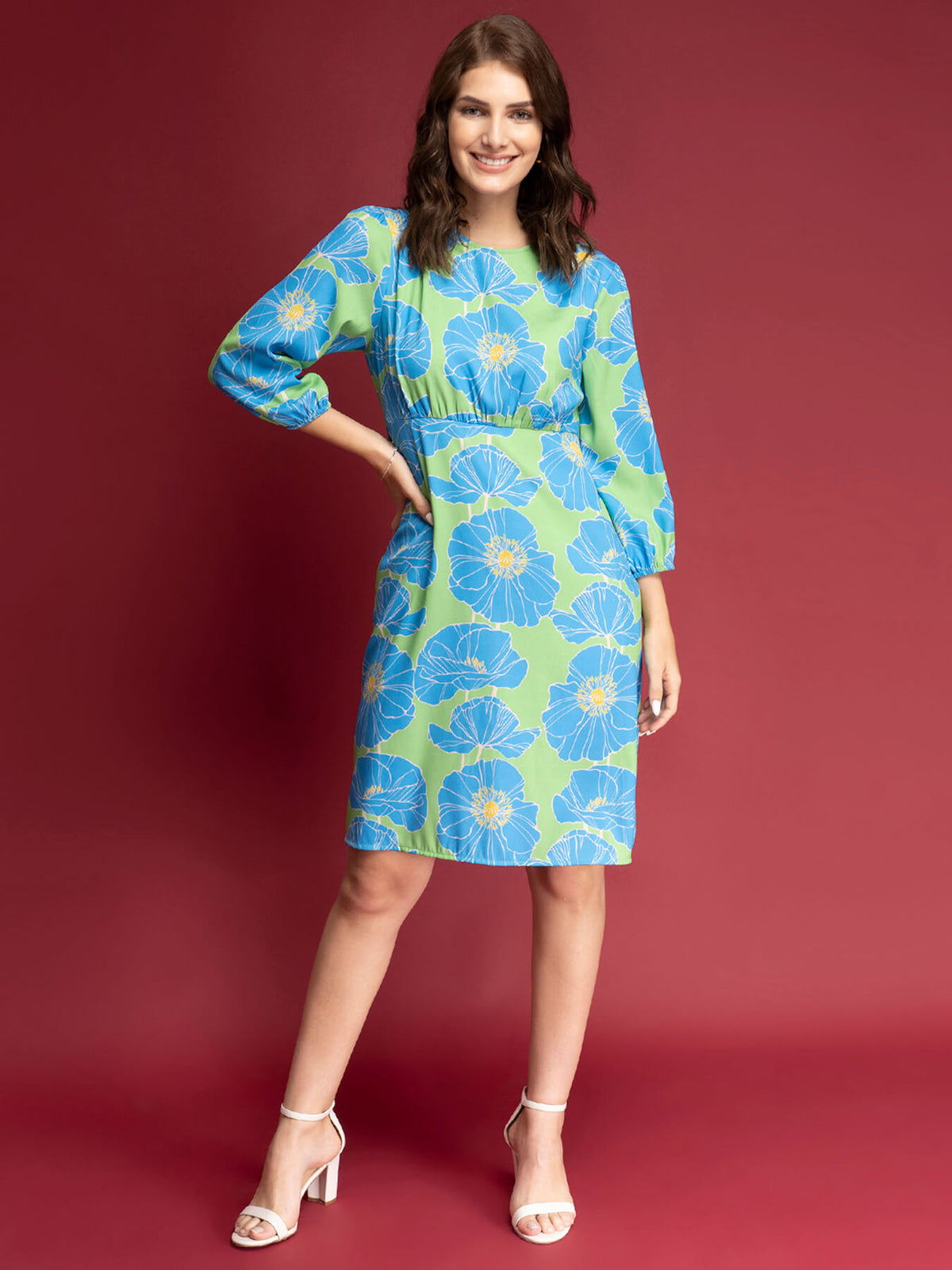 Floral Print Empire Line Dress - Blue And Green