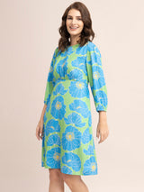 Floral Print Empire Line Dress - Blue And Green