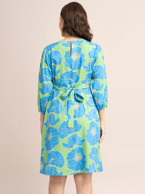 Floral Print Empire Line Dress - Blue And Green