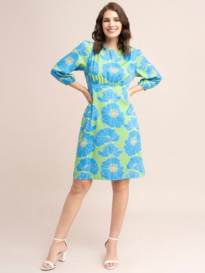 Floral Print Empire Line Dress - Blue And Green