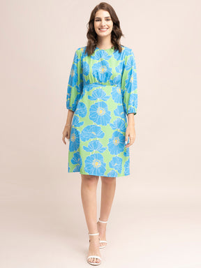 Floral Print Empire Line Dress - Blue And Green