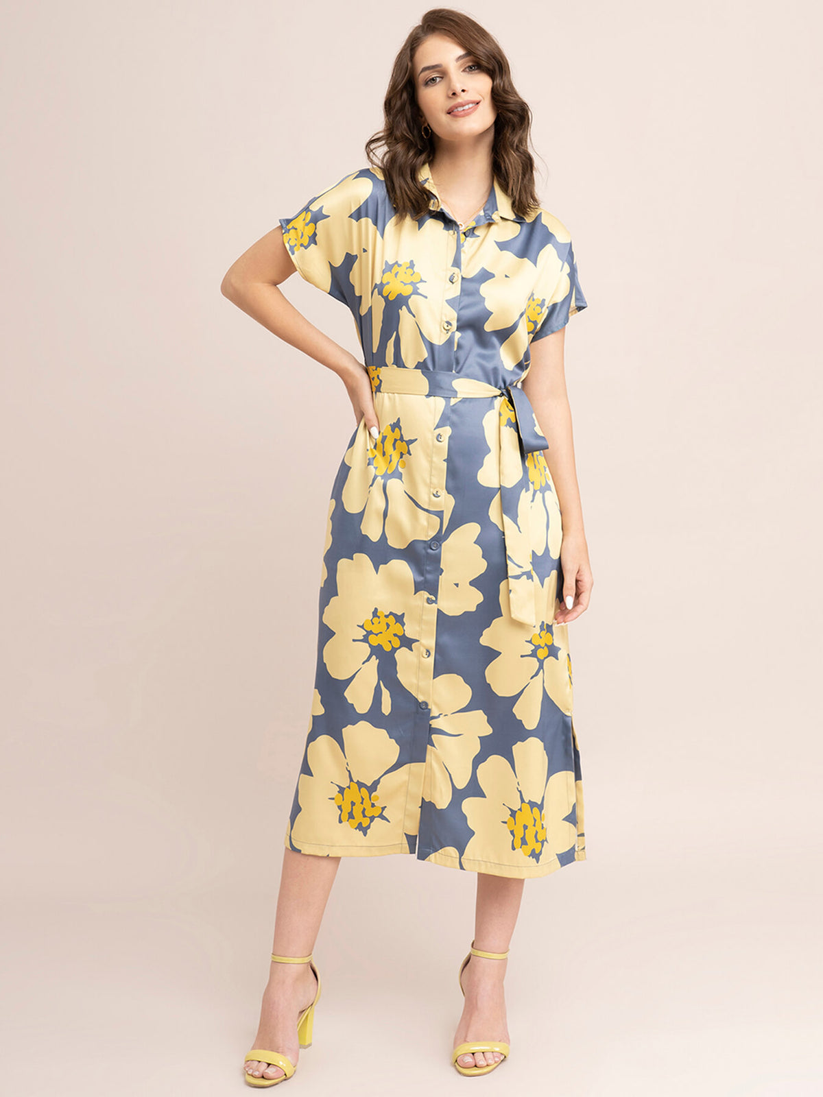 Satin Floral Print Shirt Dress - Yellow And Grey