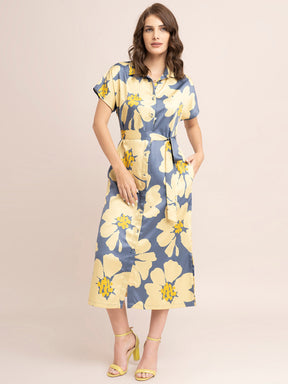 Satin Floral Print Shirt Dress - Yellow And Grey