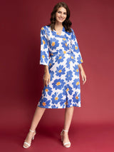 Satin Floral Print Shirt Dress - Blue And White