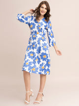 Satin Floral Print Shirt Dress - Blue And White