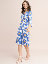 Satin Floral Print Shirt Dress - Blue And White