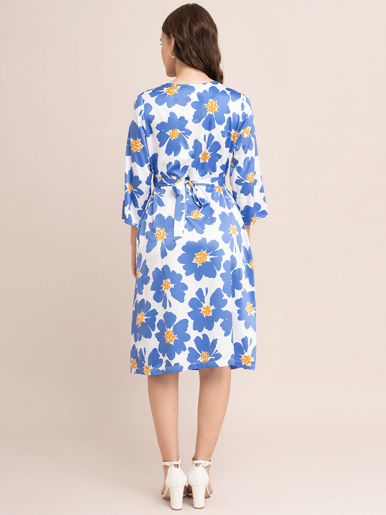 Satin Floral Print Shirt Dress - Blue And White