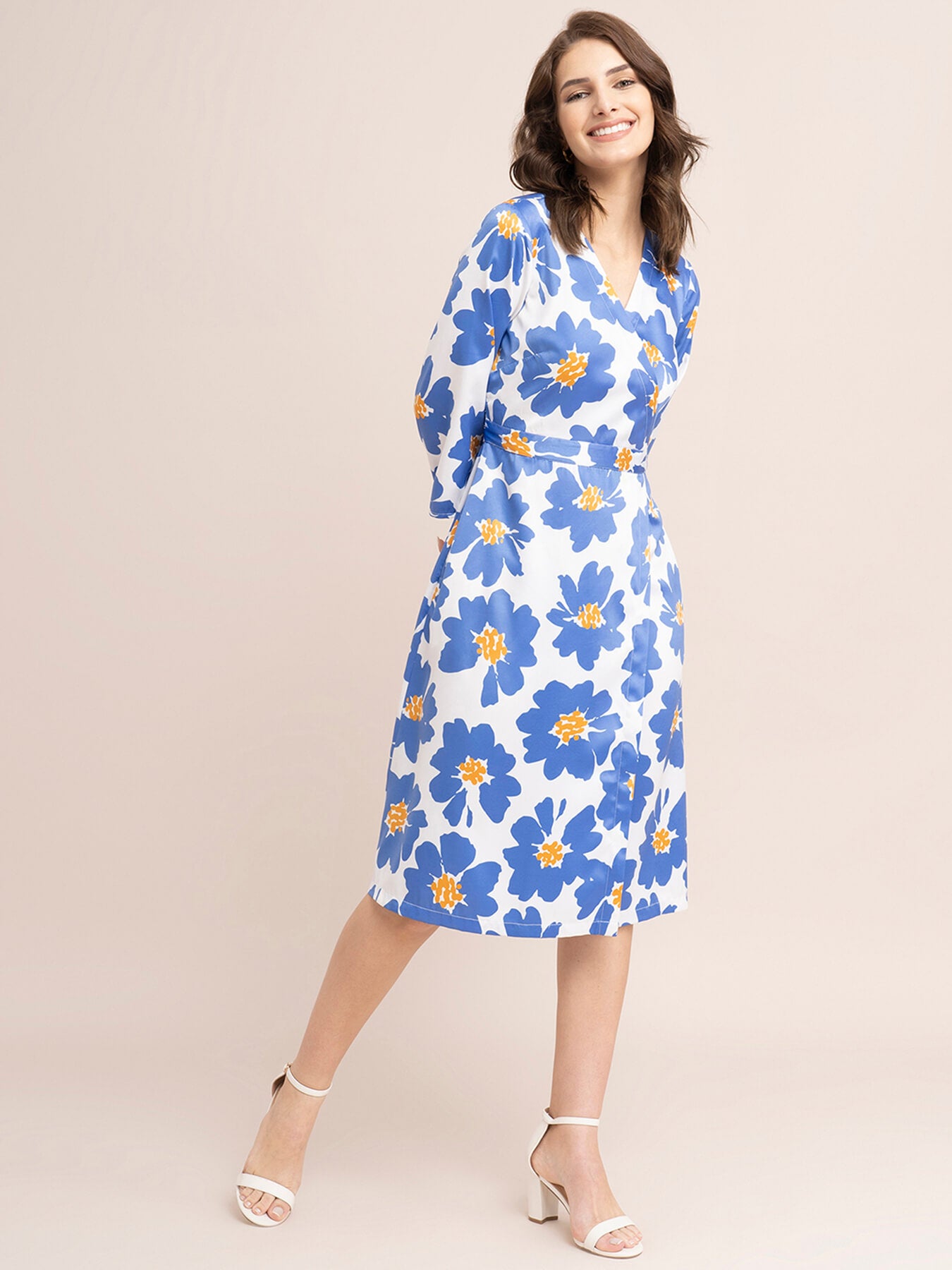 Satin Floral Print Shirt Dress - Blue And White