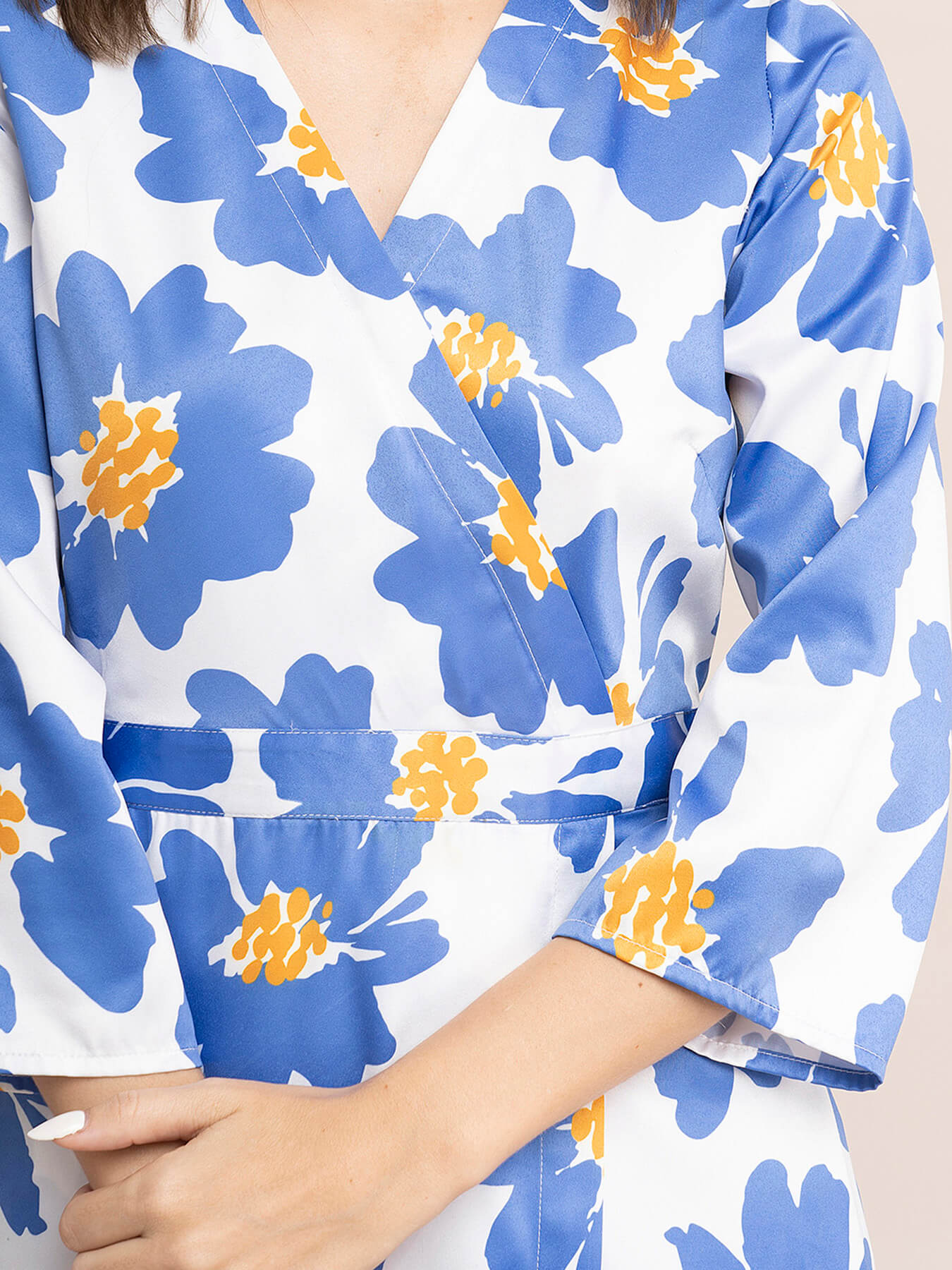 Satin Floral Print Shirt Dress - Blue And White