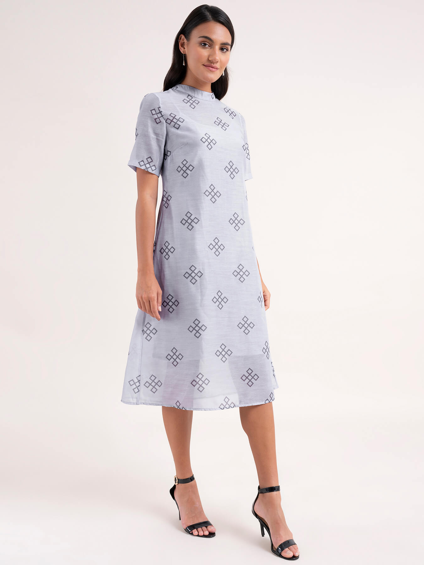 Chanderi Indian Motif Dress - Grey