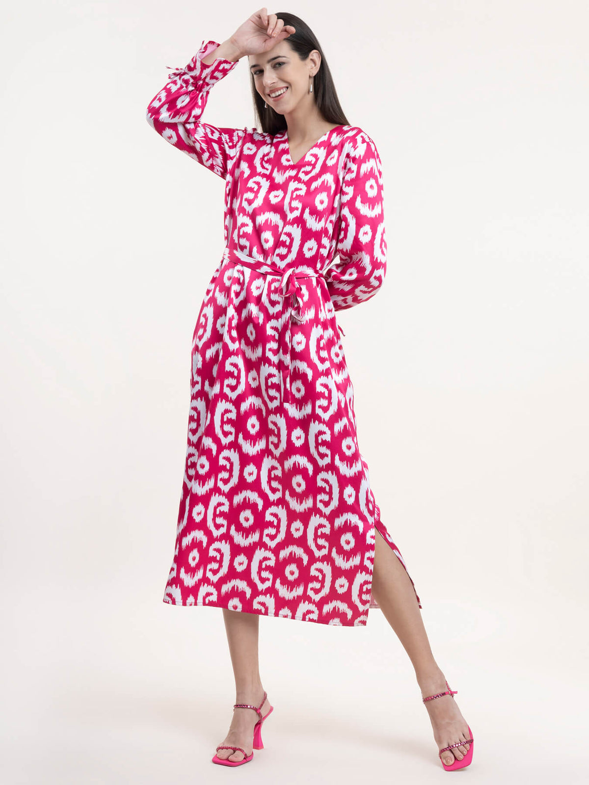 Satin A-Line Dress - Fuchsia and White