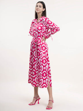 Satin A-Line Dress - Fuchsia and White