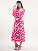 Satin A-Line Dress - Fuchsia and White