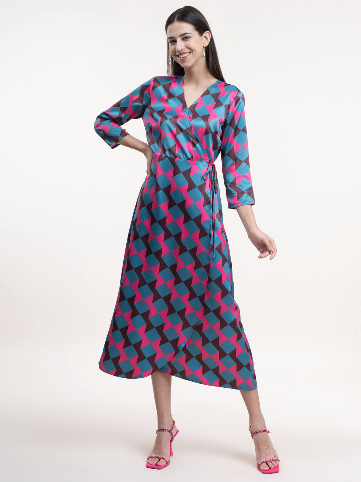 Satin Wrap A-Line Dress -  Fuchsia and Teal