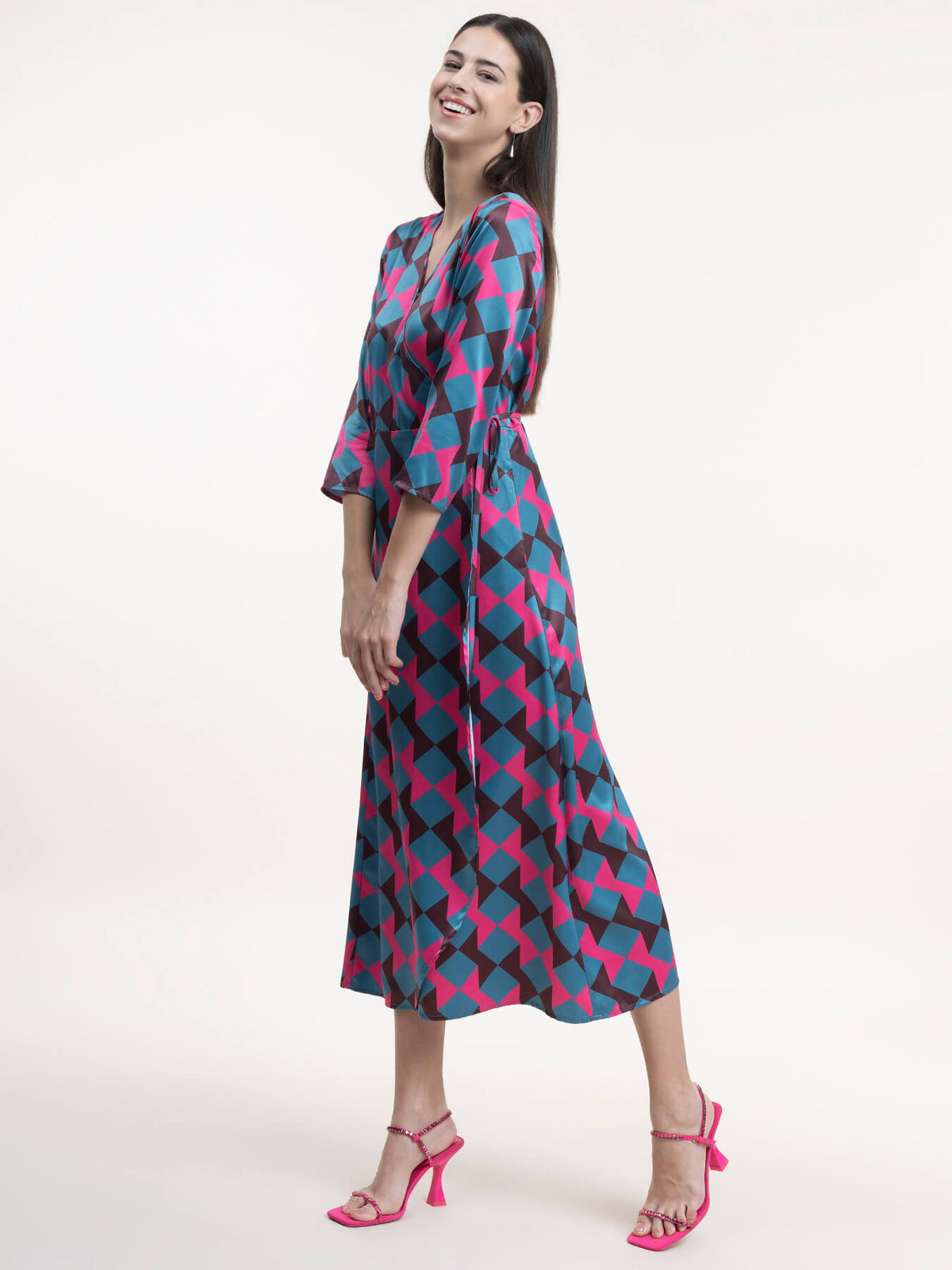 Satin Wrap A-Line Dress - Fuchsia and Teal