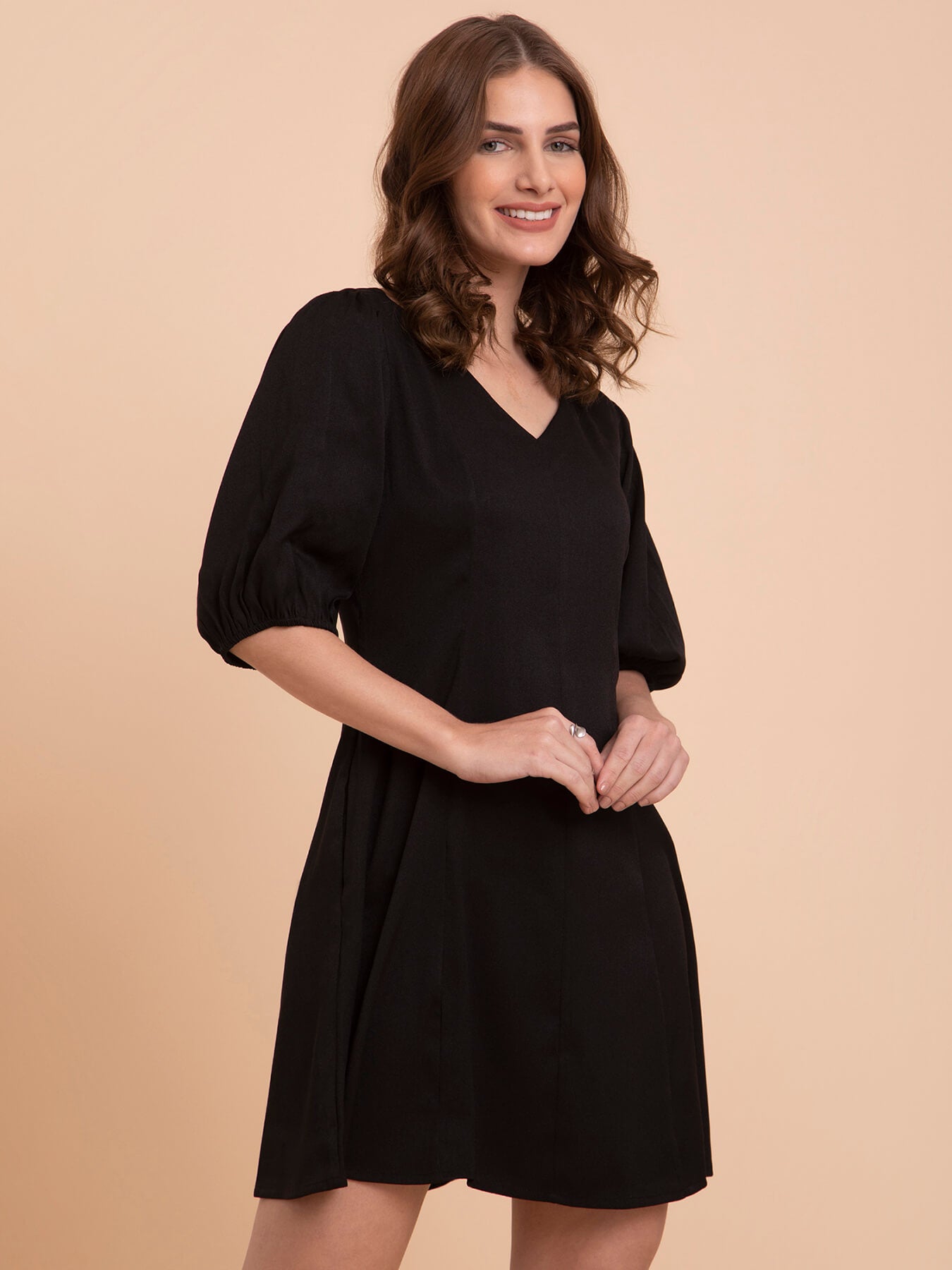 Puff Sleeve A-Line Dress - Black