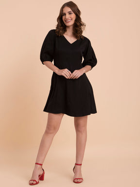 Puff Sleeve A-Line Dress - Black