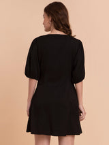 Puff Sleeve A-Line Dress - Black