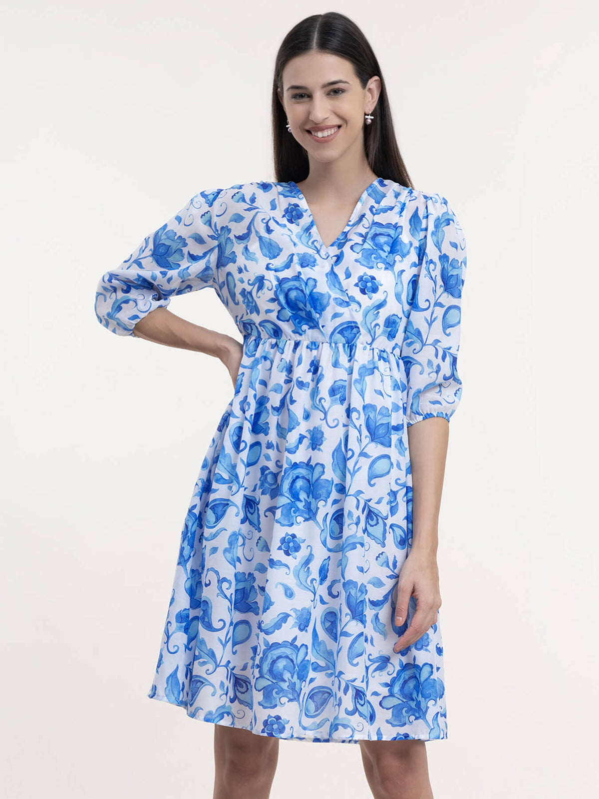 Chanderi A-Line Dress - Blue and White