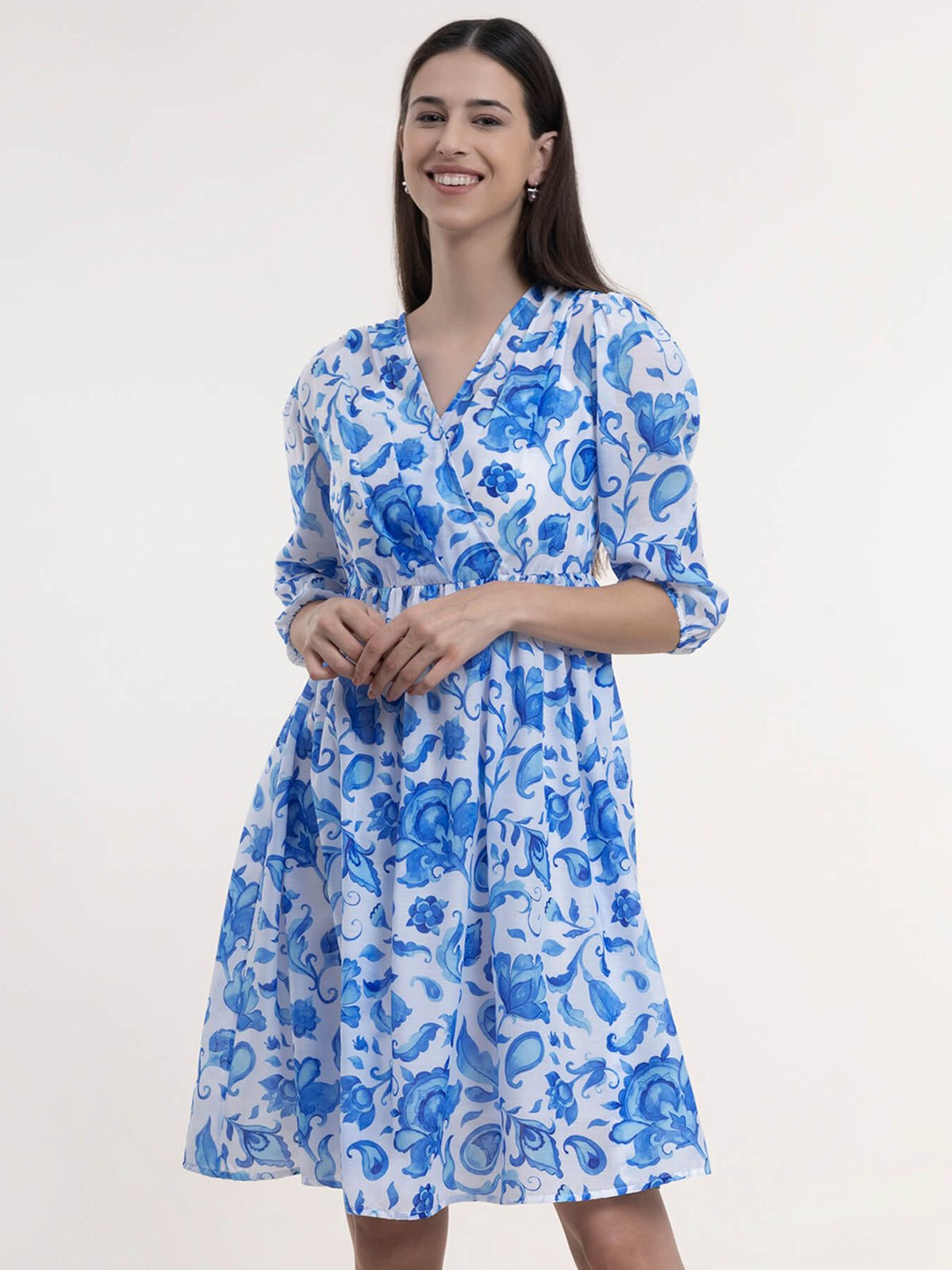 Chanderi A-Line Dress - Blue and White