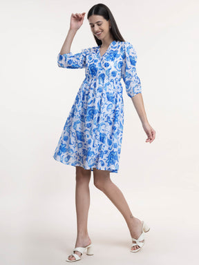 Chanderi A-Line Dress - Blue and White