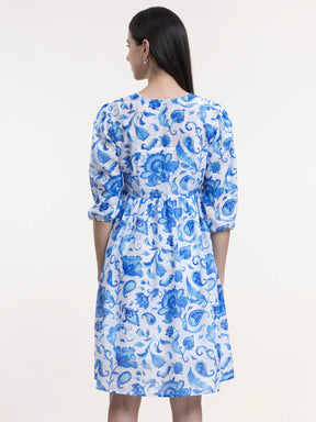 Chanderi A-Line Dress - Blue and White