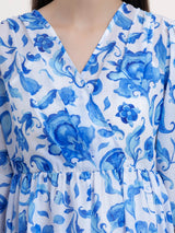 Chanderi A-Line Dress - Blue and White