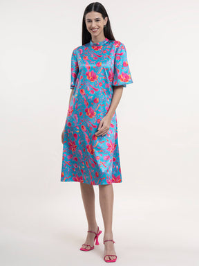 Satin A-Line Dress - Blue and Fuchsia