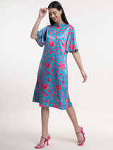 Satin A-Line Dress - Blue and Fuchsia