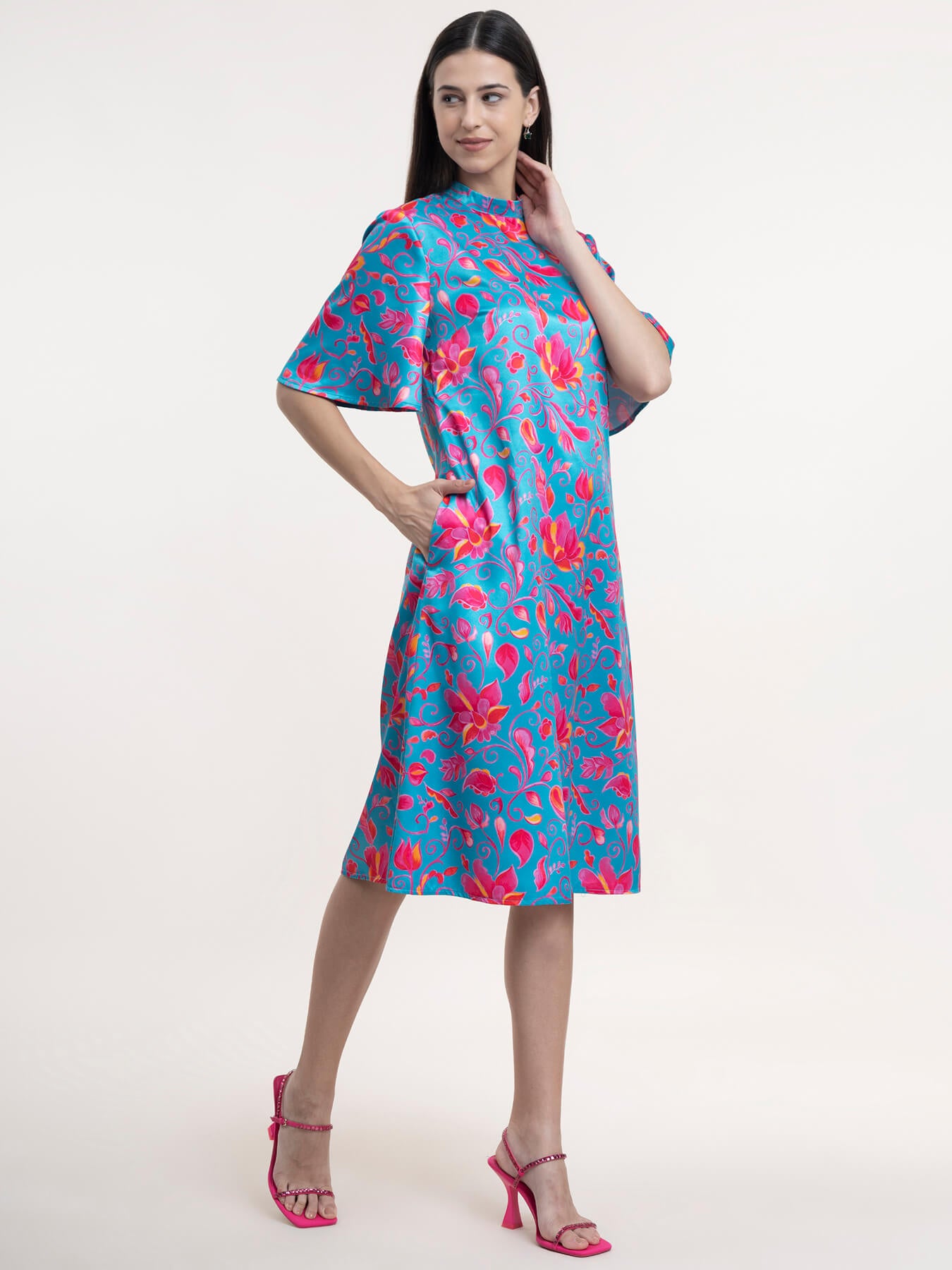 Satin A-Line Dress - Blue and Fuchsia