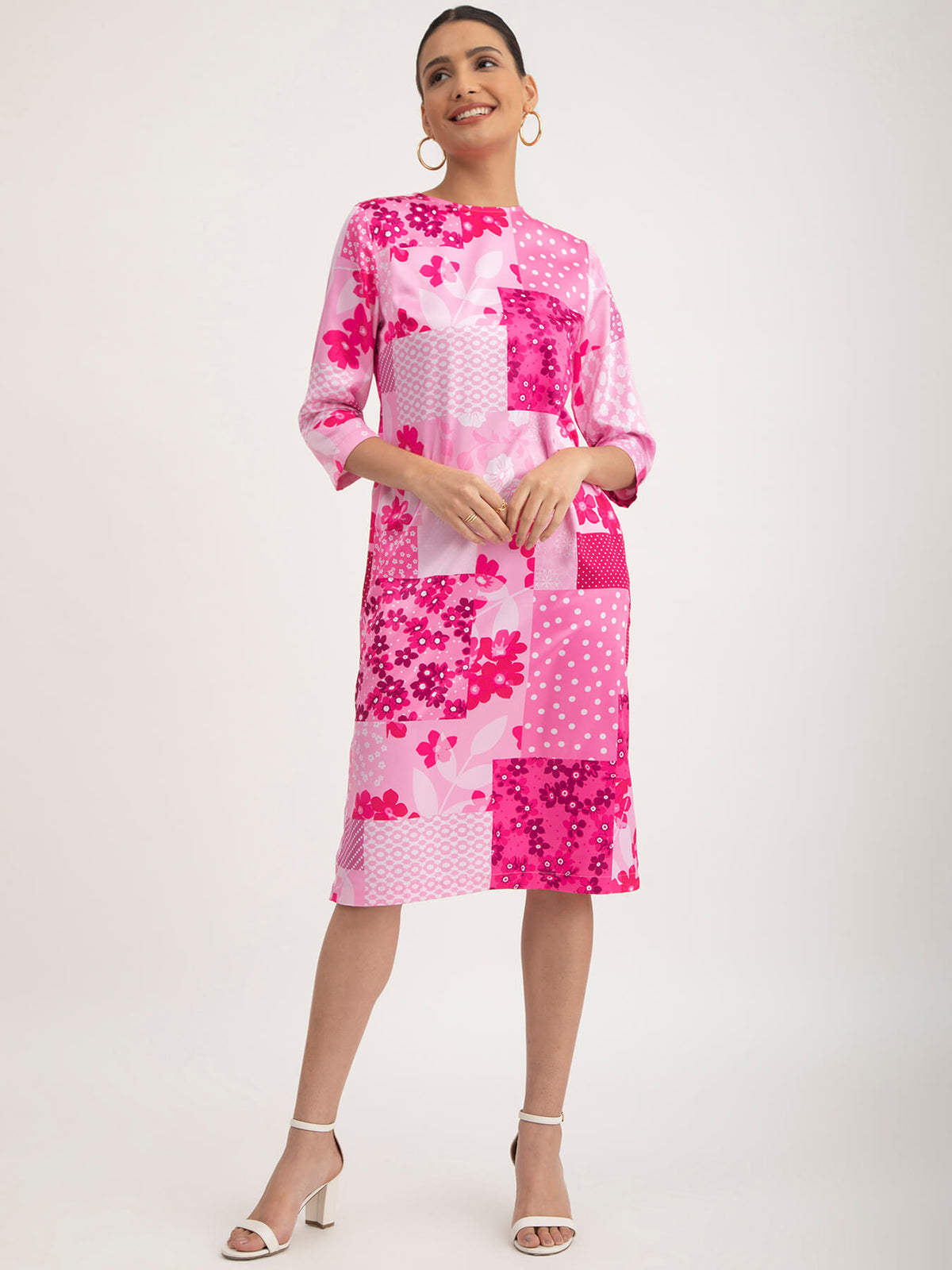 Satin Floral Print Dress - Pink