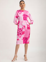 Satin Floral Print Dress - Pink