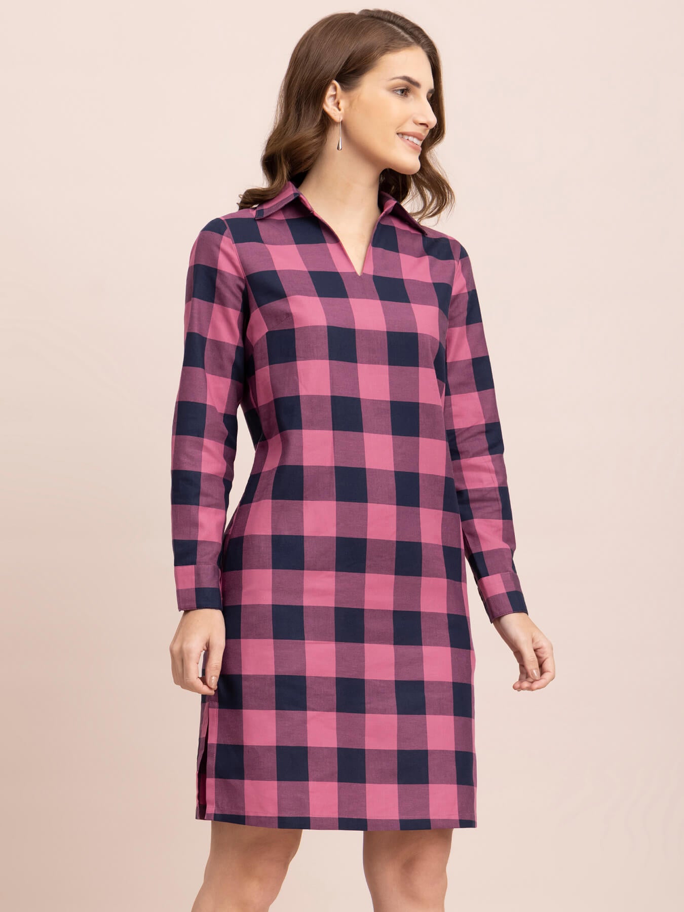 Cotton Checkered Shift Dress - Pink and Navy| Formal Dresses