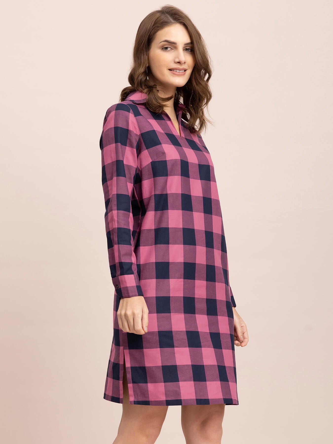 Cotton Checkered Shift Dress - Pink and Navy| Formal Dresses