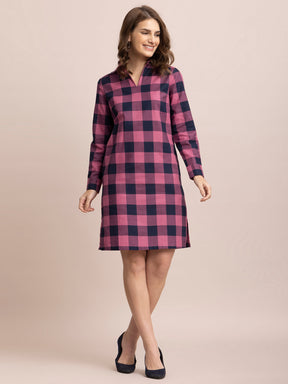 Cotton Checkered Shift Dress - Pink and Navy| Formal Dresses