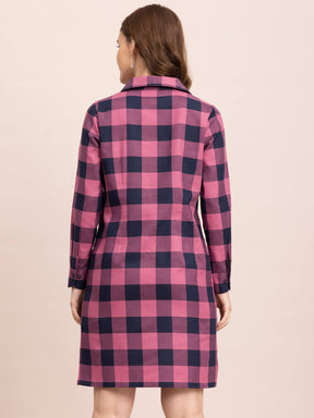 Cotton Checkered Shift Dress - Pink and Navy| Formal Dresses