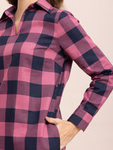 Cotton Checkered Shift Dress - Pink and Navy| Formal Dresses