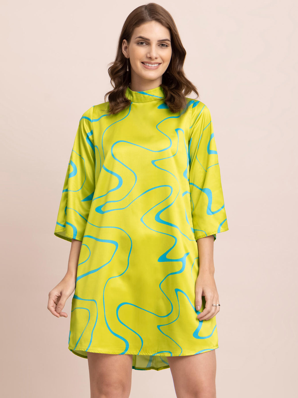 Satin Abstract Print A-Line Dress - Acid Green And Blue