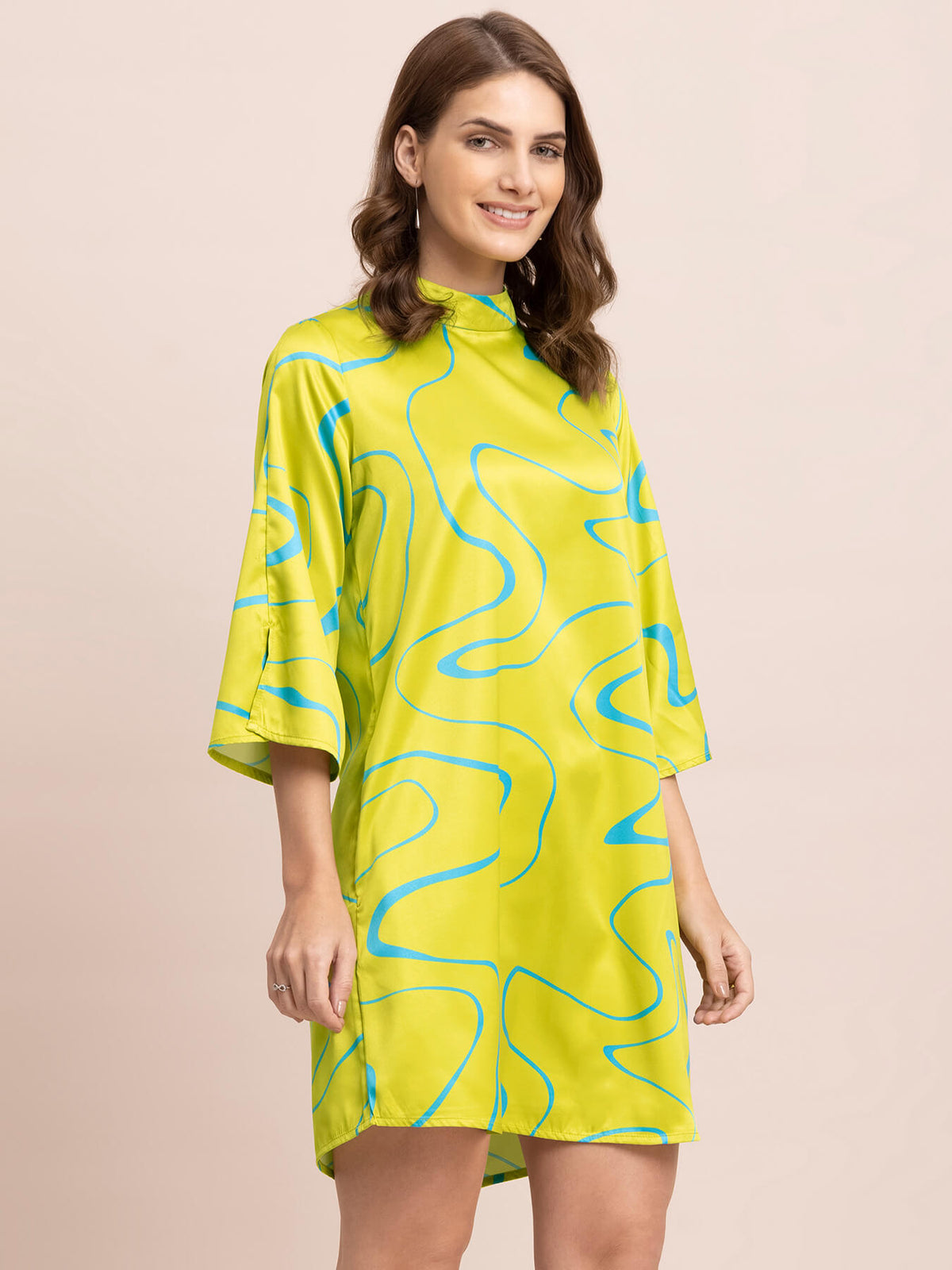 Satin Abstract Print A-Line Dress - Acid Green And Blue