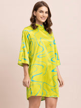 Satin Abstract Print A-Line Dress - Acid Green And Blue