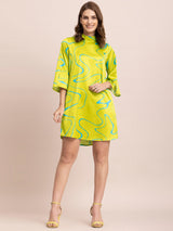 Satin Abstract Print A-Line Dress - Acid Green And Blue