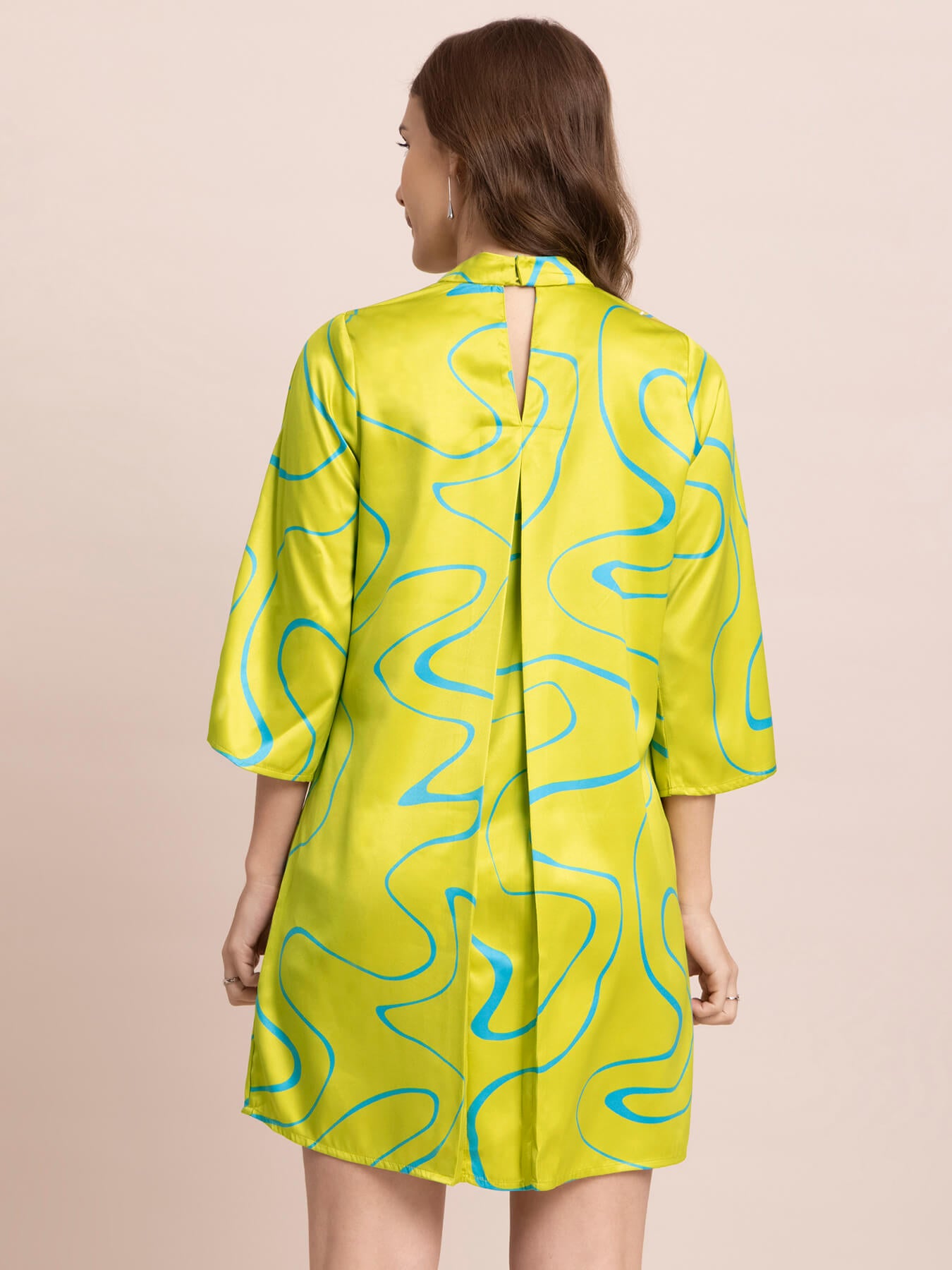 Satin Abstract Print A-Line Dress - Acid Green And Blue