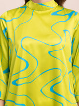 Satin Abstract Print A-Line Dress - Acid Green And Blue