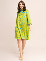 Satin Abstract Print A-Line Dress - Acid Green And Blue