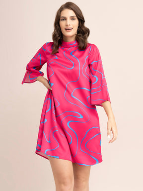 Satin Abstract Print Shift Dress - Fuchsia And Blue