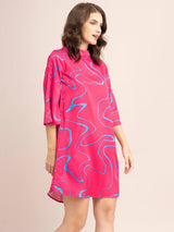 Satin Abstract Print Shift Dress - Fuchsia And Blue