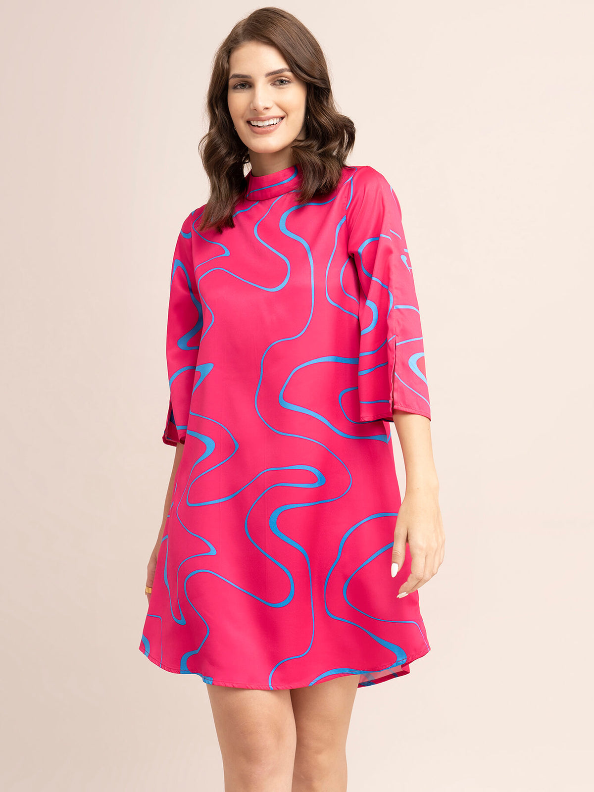 Satin Abstract Print Shift Dress - Fuchsia And Blue